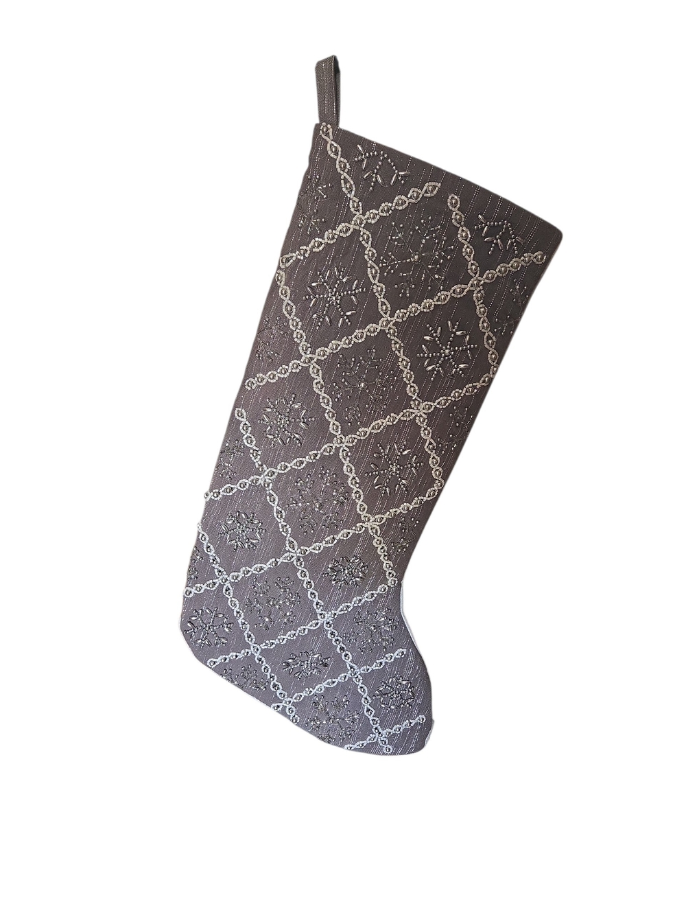 Tahari Home Luxury Christmas Stocking featuring a beaded snowflake lattice Gray